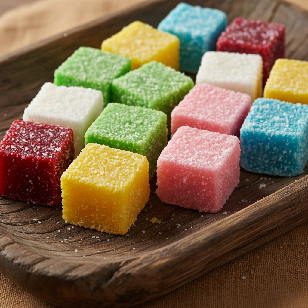 White coconut Topra Pak sweet squares arranged on banana leaf with bright lighting