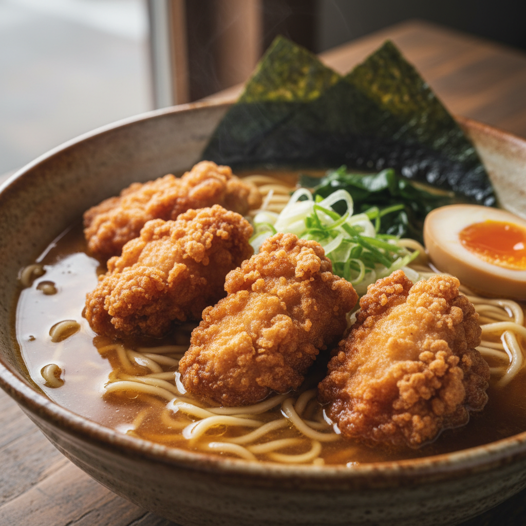 Shoyu ramen with amber-brown broth, crispy karaage chicken pieces, and wavy noodles in a ceramic bowl