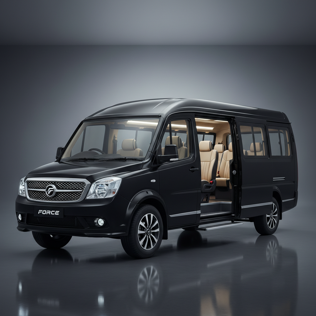 White Force Urbania luxury tempo traveller on Indian road, large group travel vehicle, spacious interior