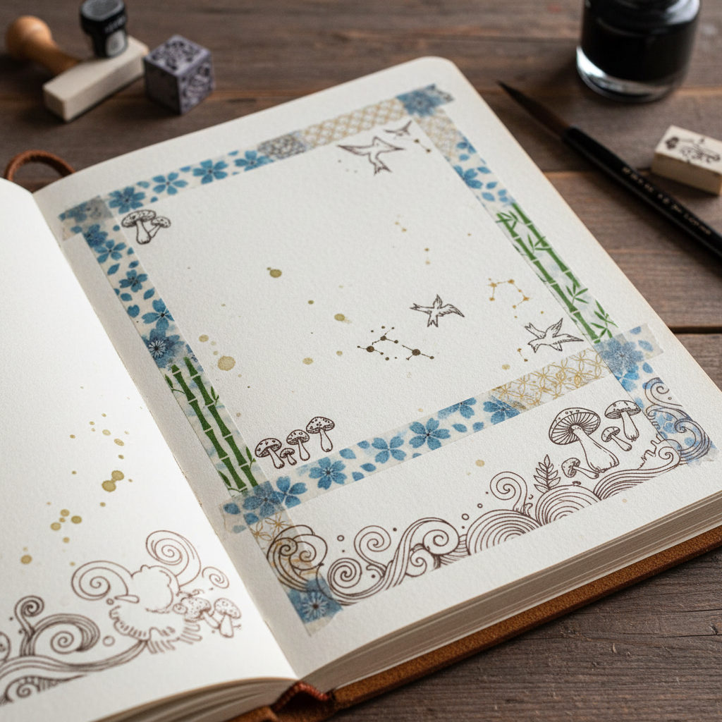 Washi tape strips decorating journal edges with small illustrated stamps and ink drawings