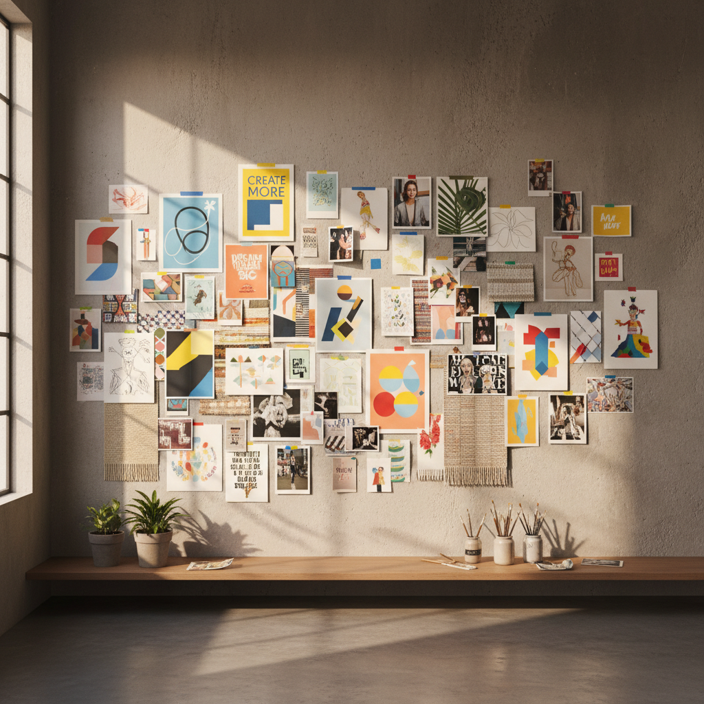 Creative studio workspace with dark walls and colorful art prints in moody lighting