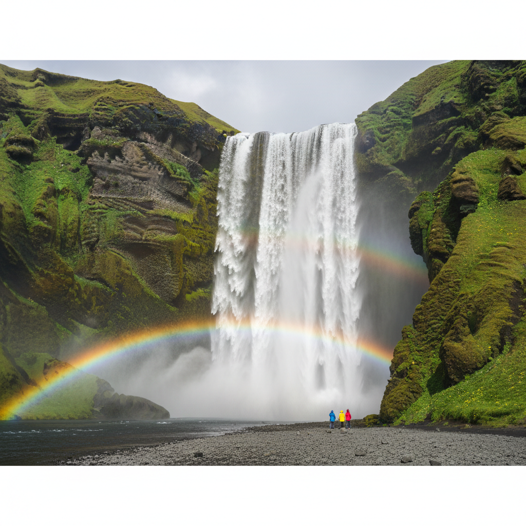 Seljalandsfoss waterfall with rainbow Iceland