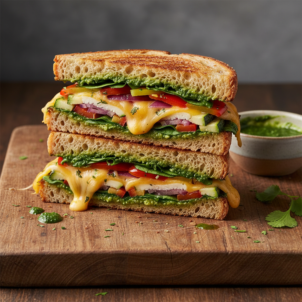 Chutney Sandwich Grill — Grilled with green chutney spread, Indian café food photography with warm colours and appetising presentation