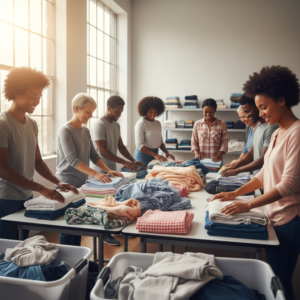 Diverse group of smiling volunteers sorting and folding clean laundry together in bright community center