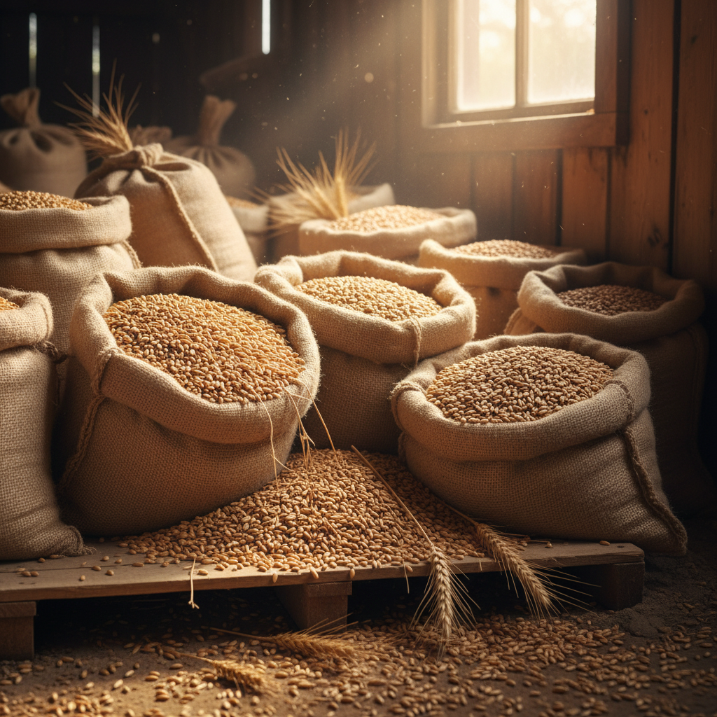 Golden wheat grain piled in large sacks at an Egyptian grain farm