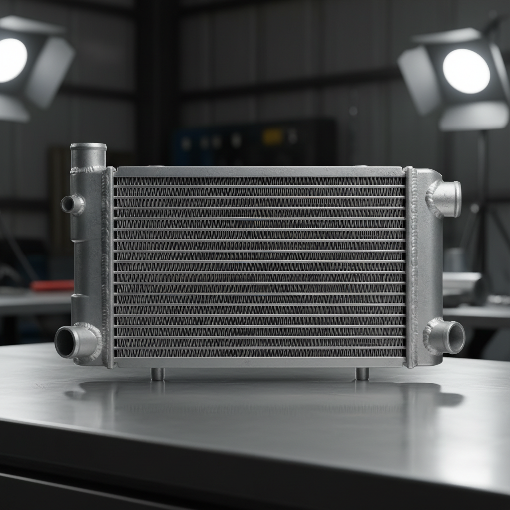 Radiator assembly on dark workshop floor with cool blue ambient lighting