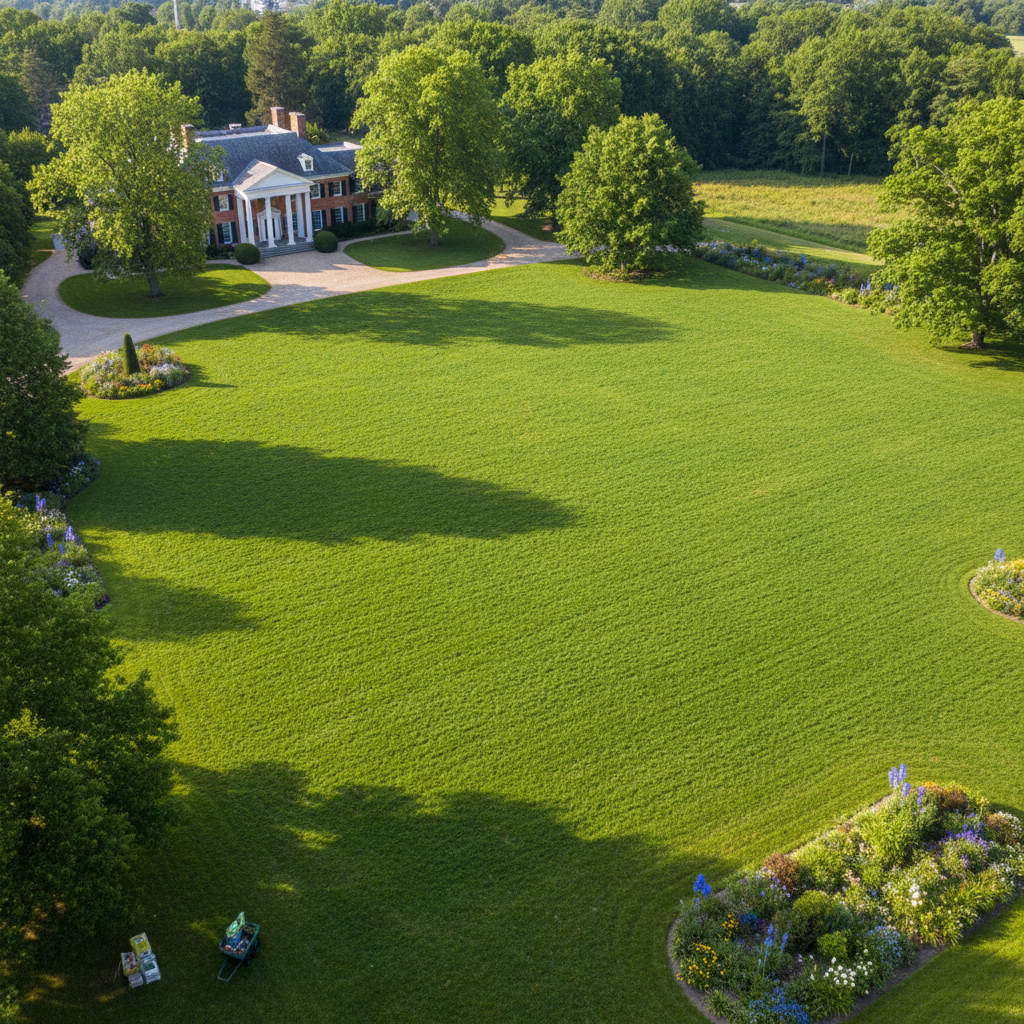 Aerial view of estate lawn during overseeding transition, showing uniform green coverage