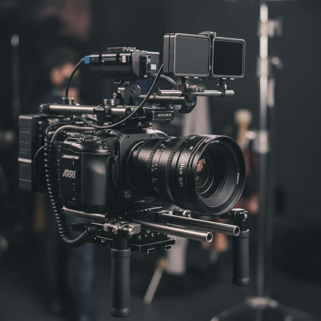 Tight crop of cinema camera body with prime lens mounted on rig