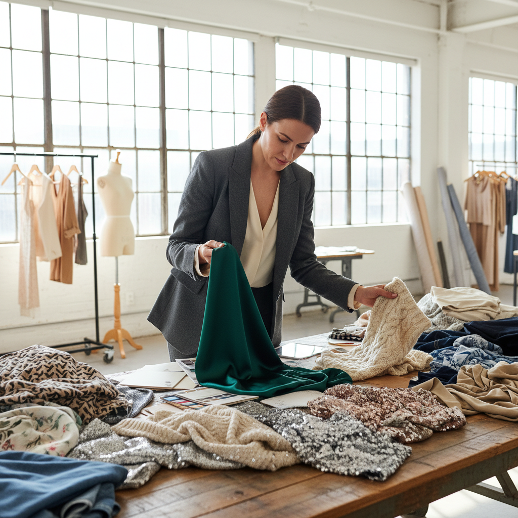 Fashion sourcing professional reviewing fabric samples and manufacturer catalogs in a bright studio