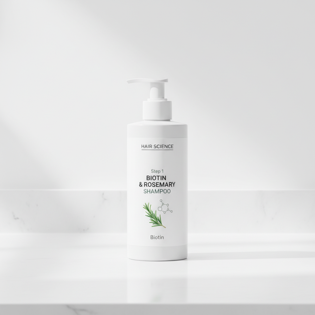Step 1 Biotin & Rosemary Shampoo bottle in bright clinical setting