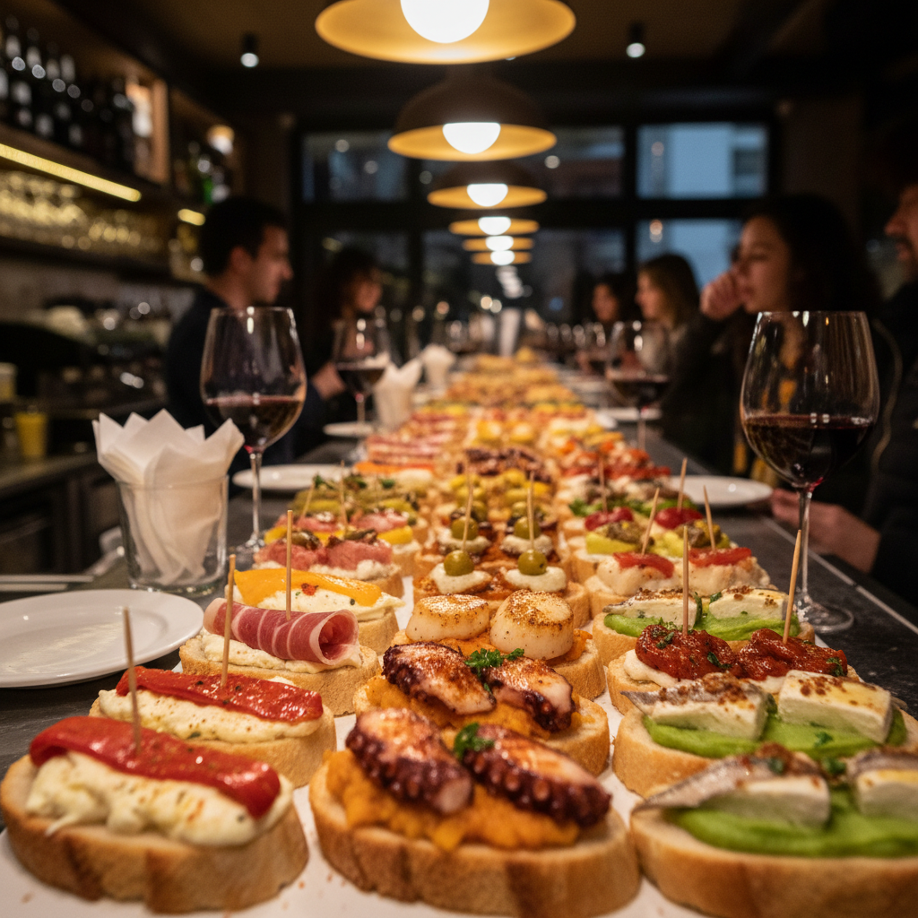 Spanish pintxos bar with colorful tapas on wooden counter, warm amber bar lighting