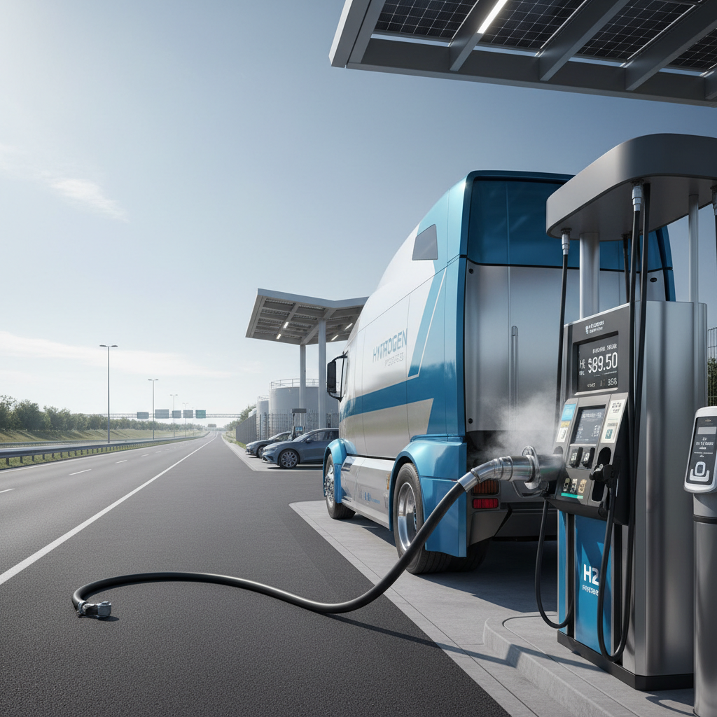 Moderner Elektro-LKW lädt an Schnellladestation auf Autobahnraststätte