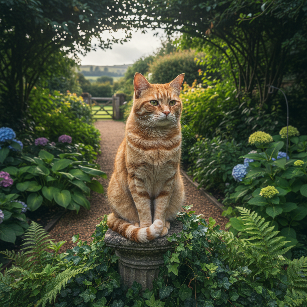Large tabby cat Theodore sitting upright among garden plants like a sovereign surveying territory