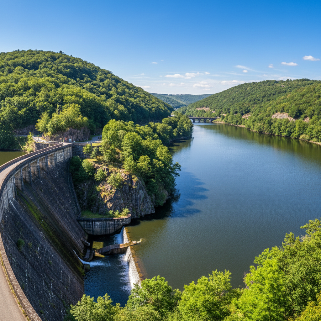 Clear blue water reservoir surrounded by African landscape, water infrastructure, bright sky