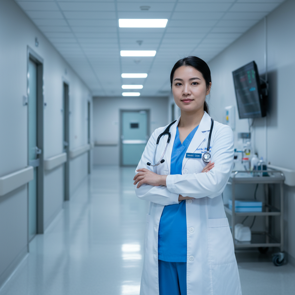 Reflective African American female nurse in hospital corridor, representing the emotional weight of healthcare burnout and the search for a sustainable path forward