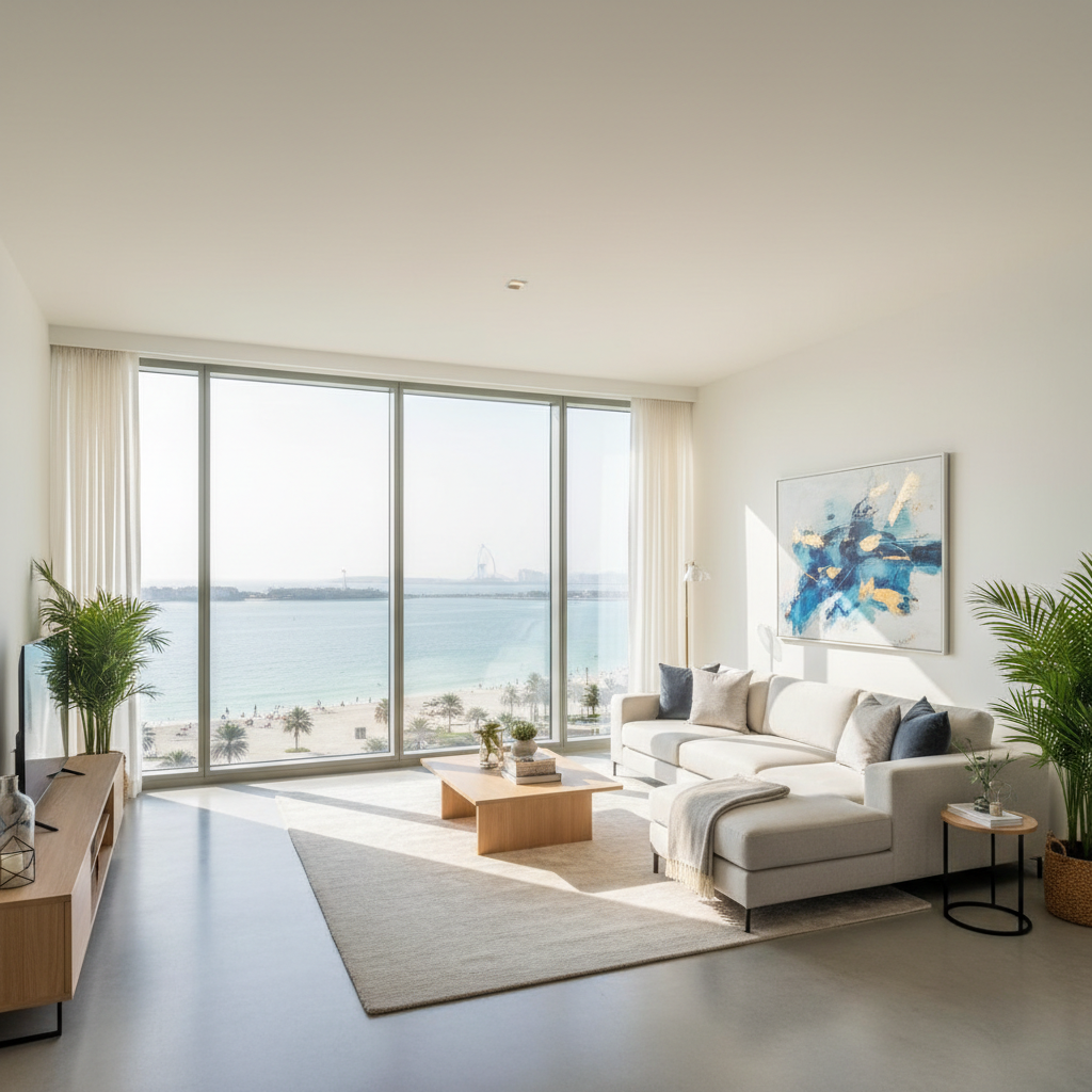 Bright beachfront apartment with balcony overlooking JBR beach and Arabian Gulf