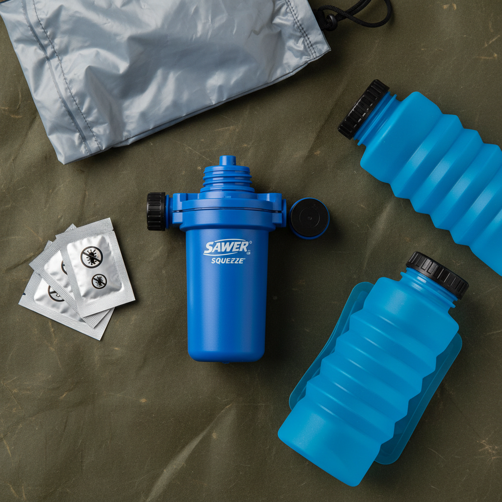 Flat-lay of water filtration components including a Sawyer squeeze filter, purification tablets, and collapsible containers on waxed canvas