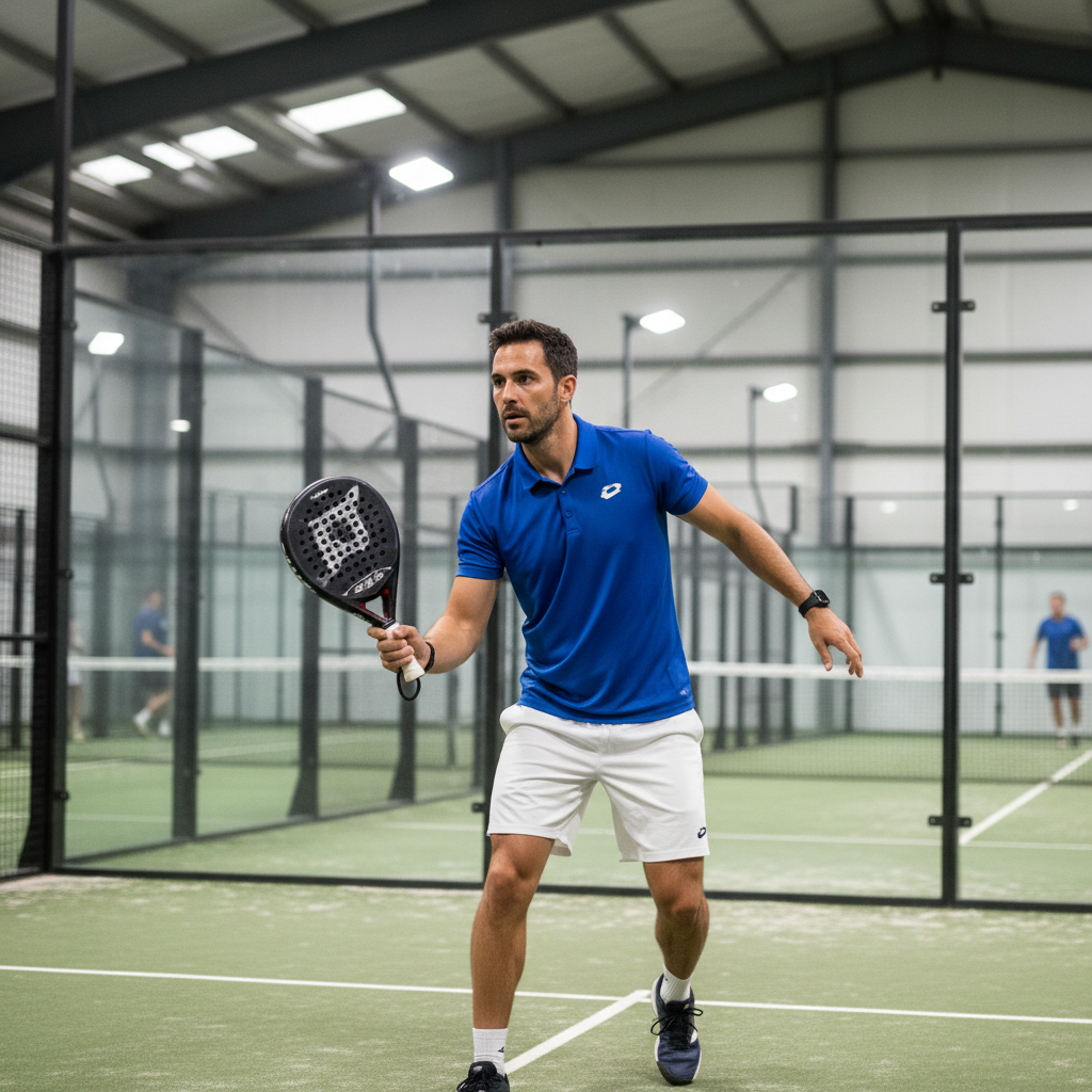 Tom Ashworth, corporate padel coach, serving stance on indoor court, determined expression with glass wall visible behind