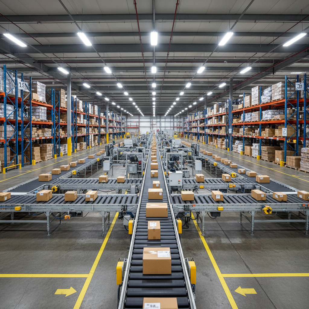 Industrial conveyor belt system in distribution warehouse, bright overhead lighting