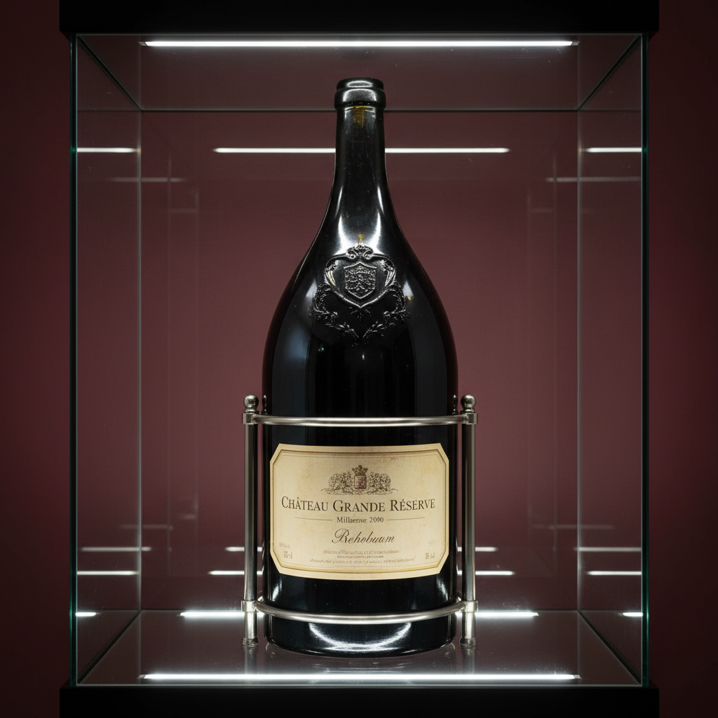 Large magnum wine bottle in dark stone wine cellar with dramatic spotlight illumination