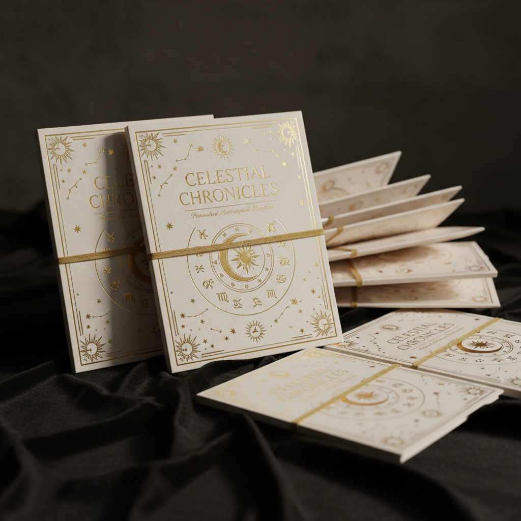 Publication cover showing astrological charts and modern technology integration with golden accents