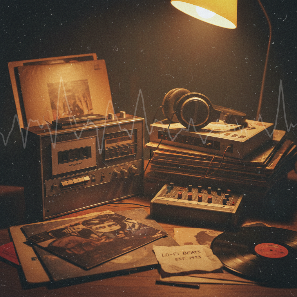 Vintage vinyl records and cassette tapes on wooden desk with warm lamp light