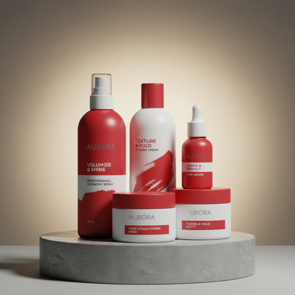 Professional salon backbar products in sleek black bottles arranged tightly in open cardboard crate with gold label visible