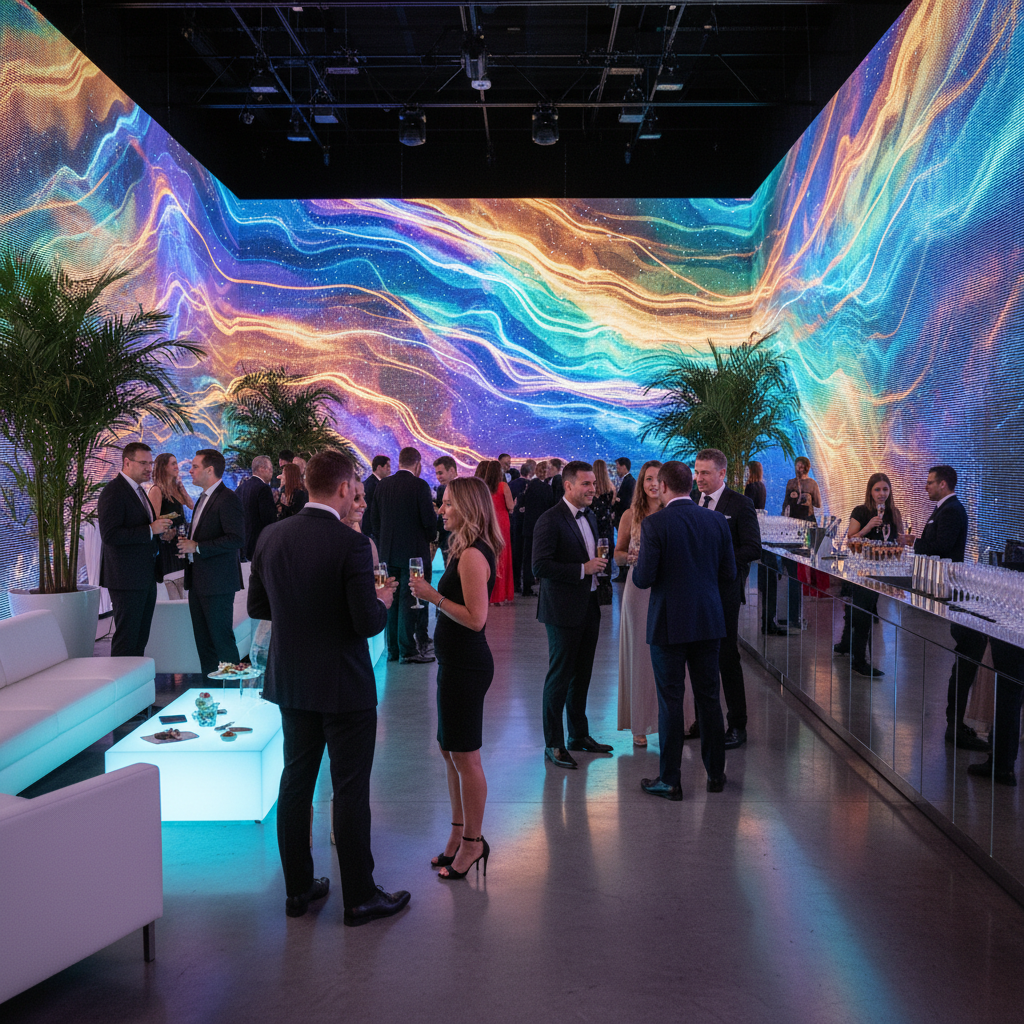 Branded conference after-party with custom LED backdrop and elegant guests