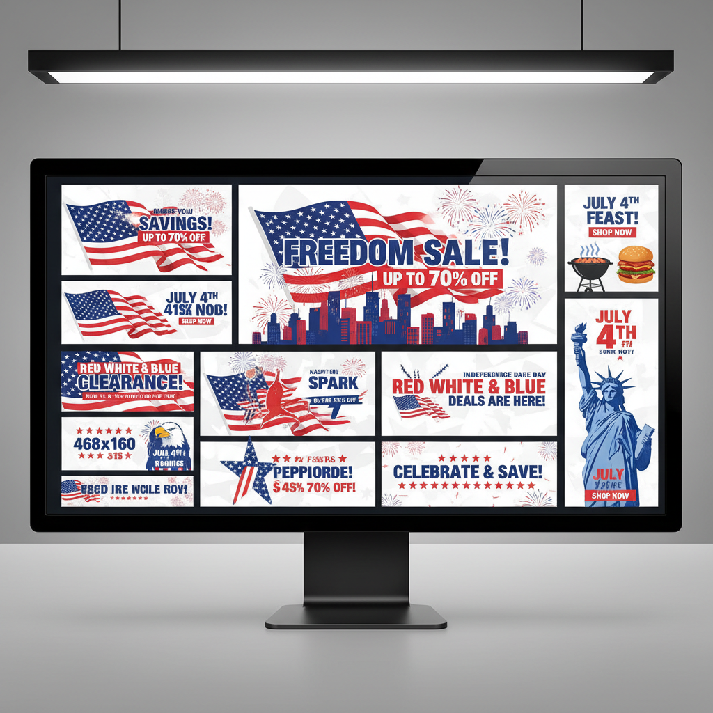 Multiple banner ad sizes displayed on a screen showing July 4th promotional designs in various dimensions for digital advertising