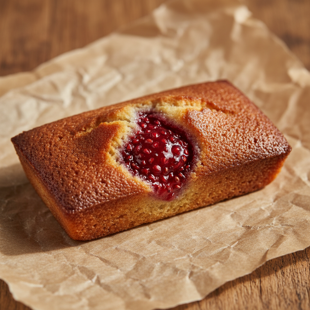 Small rectangular financier cake with golden-brown crust and visible raspberry filling on parchment paper