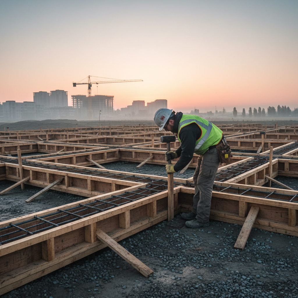Construction worker setting concrete forms with wooden stakes at a job site at dawn