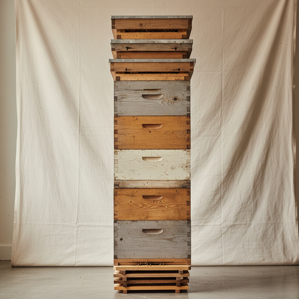Stack of assembled Langstroth hive supers with bottom boards and inner covers against a cream backdrop