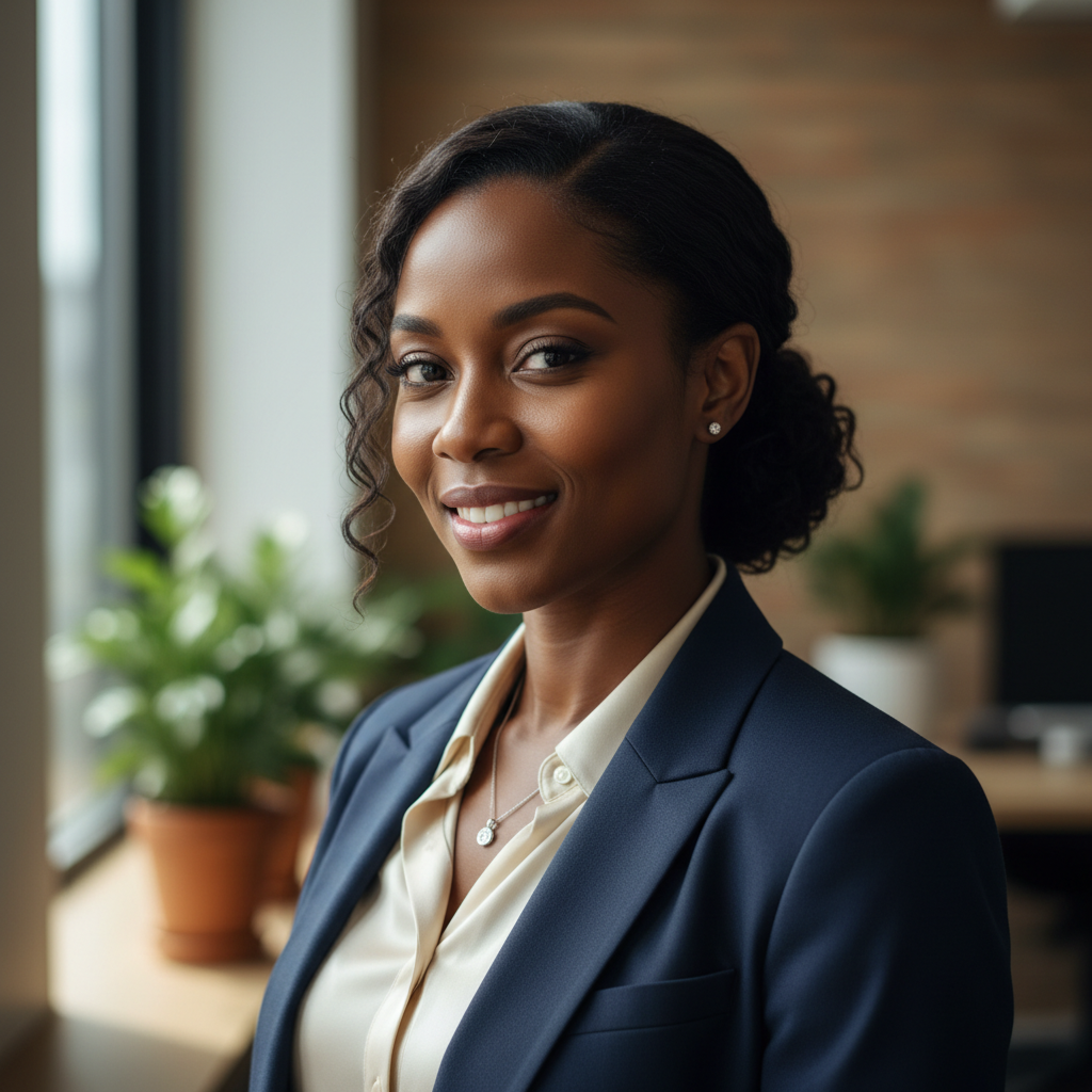 Professional Black South African woman in her 30s wearing business attire, warm smile, modern office background with bookshelves