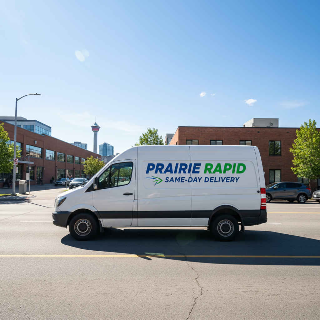 Delivery van on sunny Albuquerque street, clear blue sky, dry desert landscape