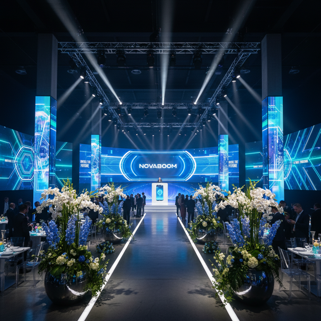 Modern corporate product launch with custom wooden stage backdrop and ambient lighting