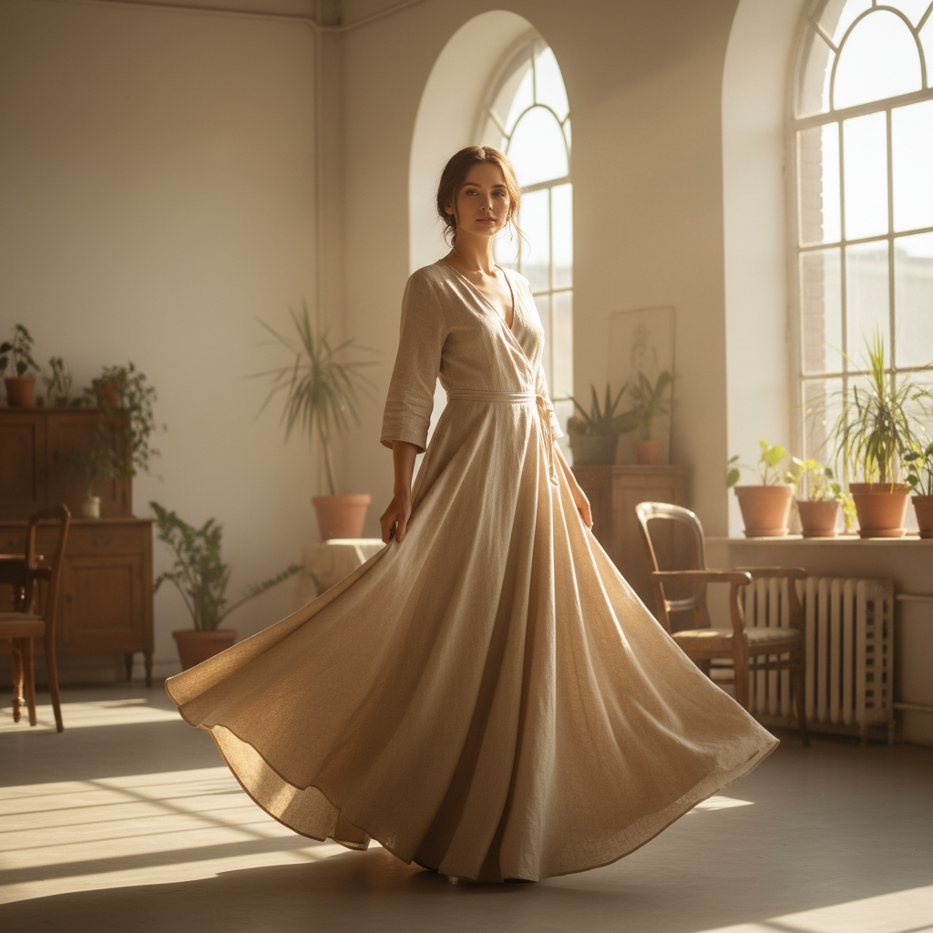 Flowing linen wrap dress in warm sand color on female model, outdoor natural light, movement in fabric