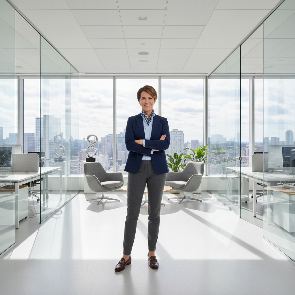 Executive professional being photographed for a personal brand shoot in a modern studio setting