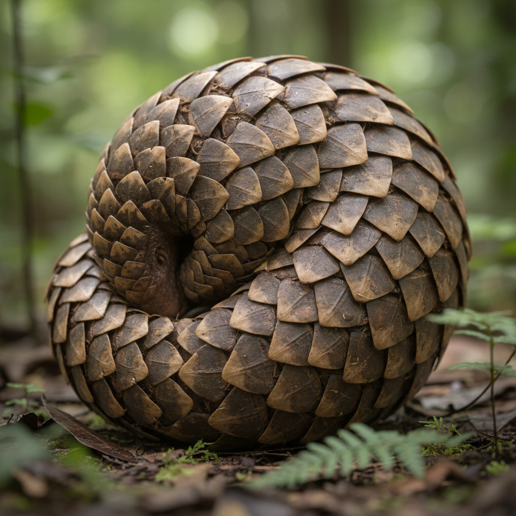 Pangolin curled into defensive ball on forest floor, scales visible