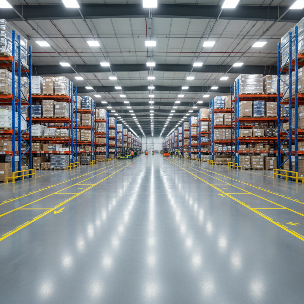 Heavy duty grey epoxy warehouse floor in Liverpool facility, forklift tracks visible on smooth surface, industrial storage shelving in background