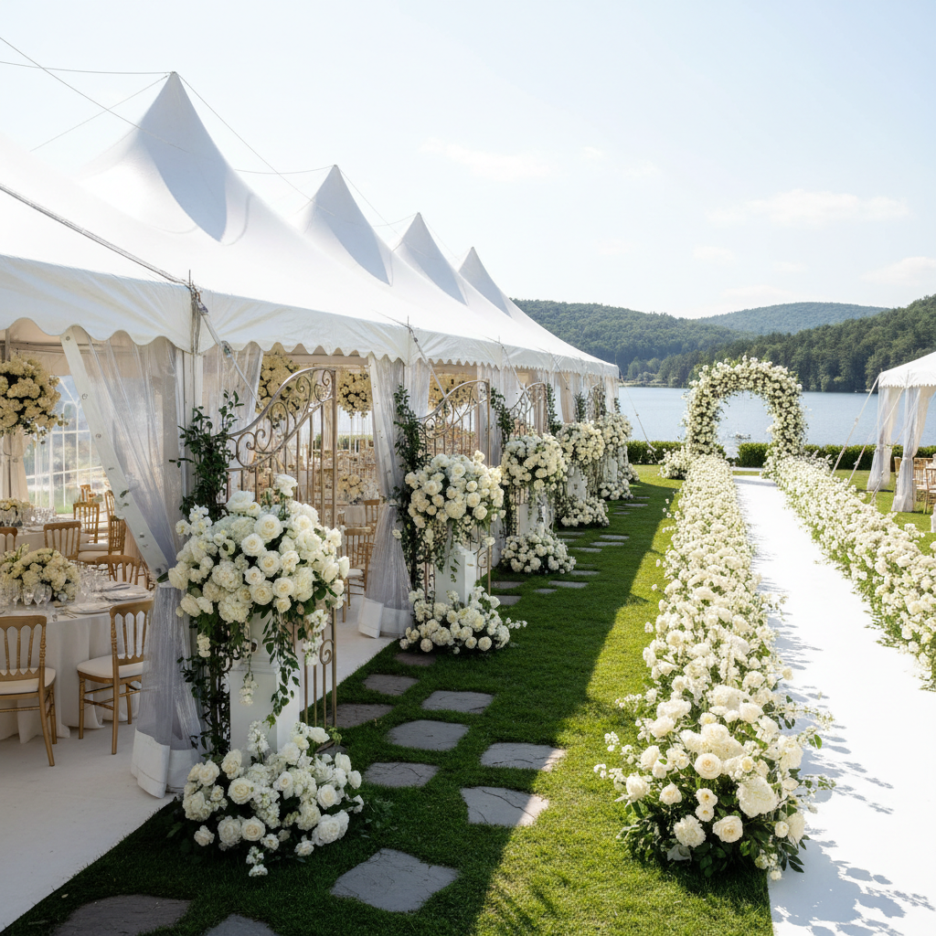 Boda de lujo con carpas blancas y decoración floral elegante en República Dominicana