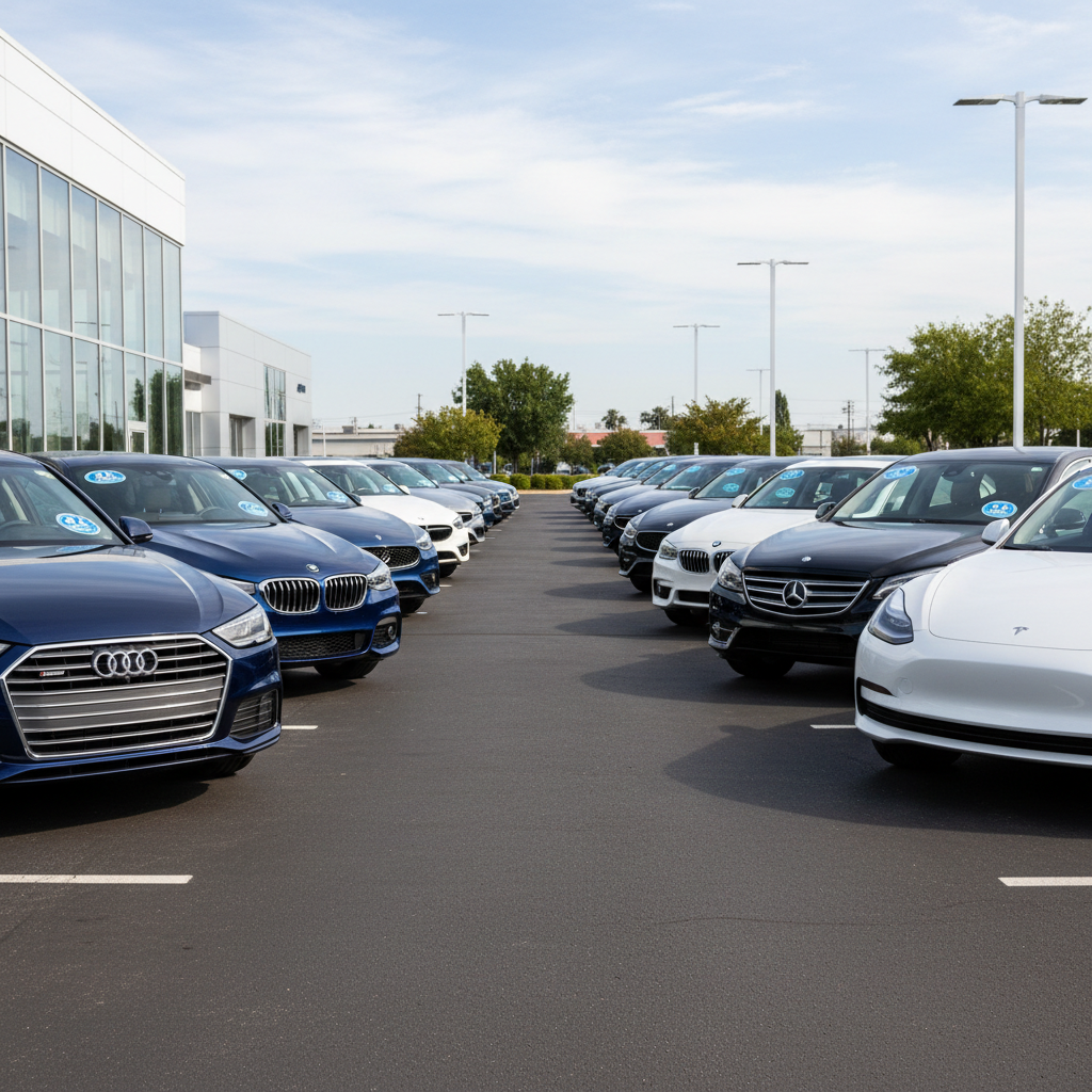 Row of new cars at dealership lot, aerial view, sunny day, colorful vehicles