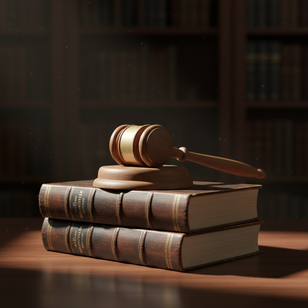 Law library with books, gavel on wooden desk, warm amber lighting, professional legal setting