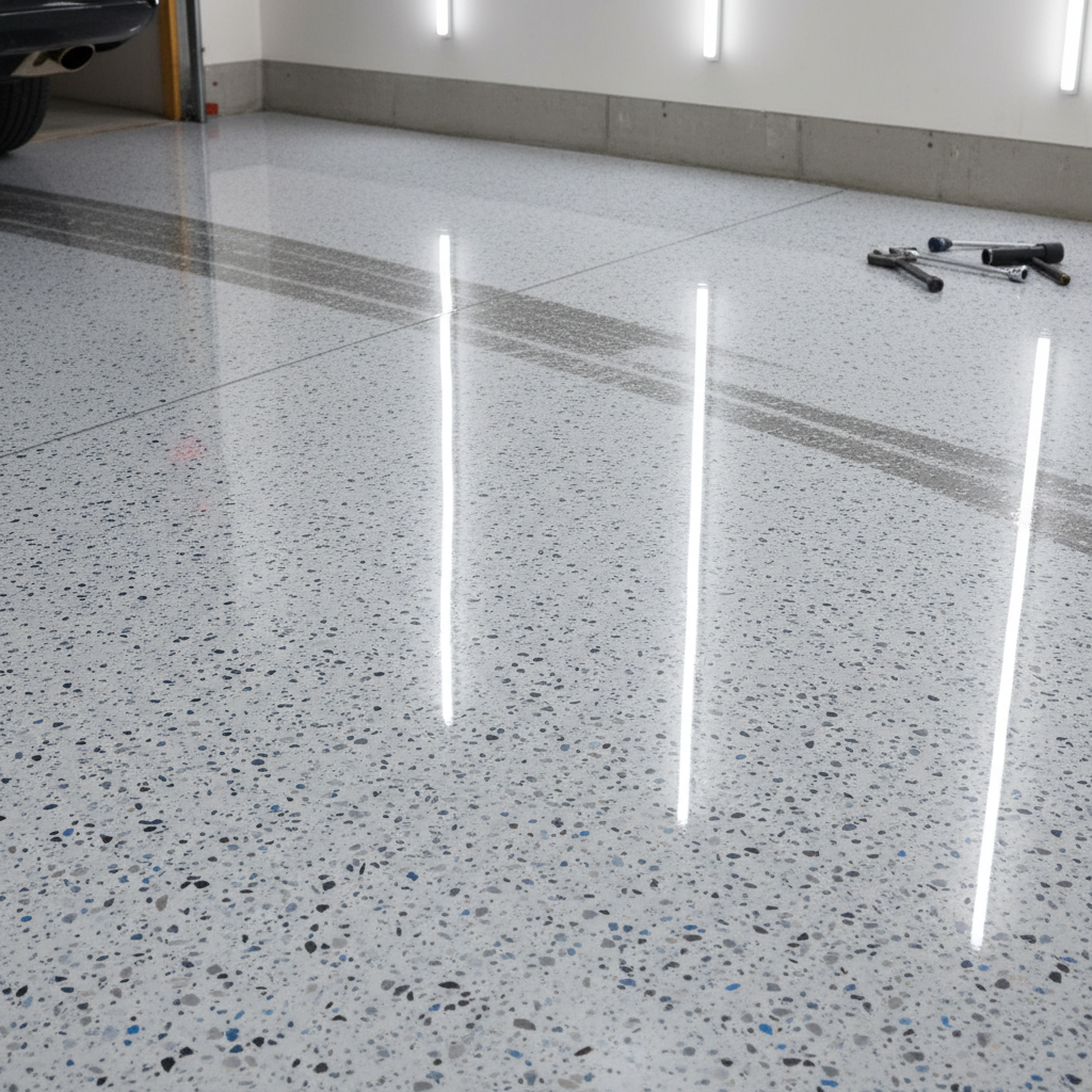 Modern residential garage with glossy gray epoxy flooring reflecting overhead lights