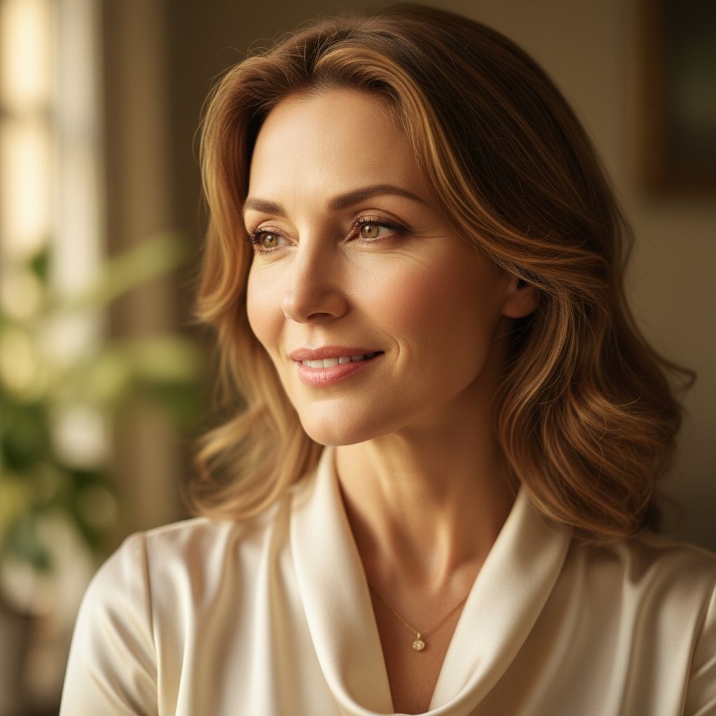 Elegant woman in her 50s with silver hair and warm smile, professional portrait