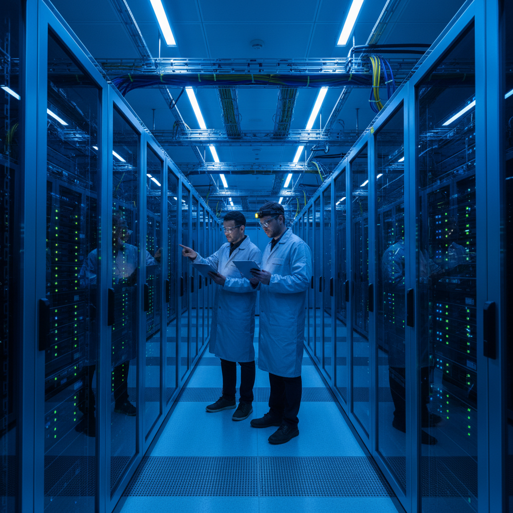IBM server hardware in a dark data center environment with dramatic blue lighting, server racks with status LEDs, atmospheric moody industrial setting
