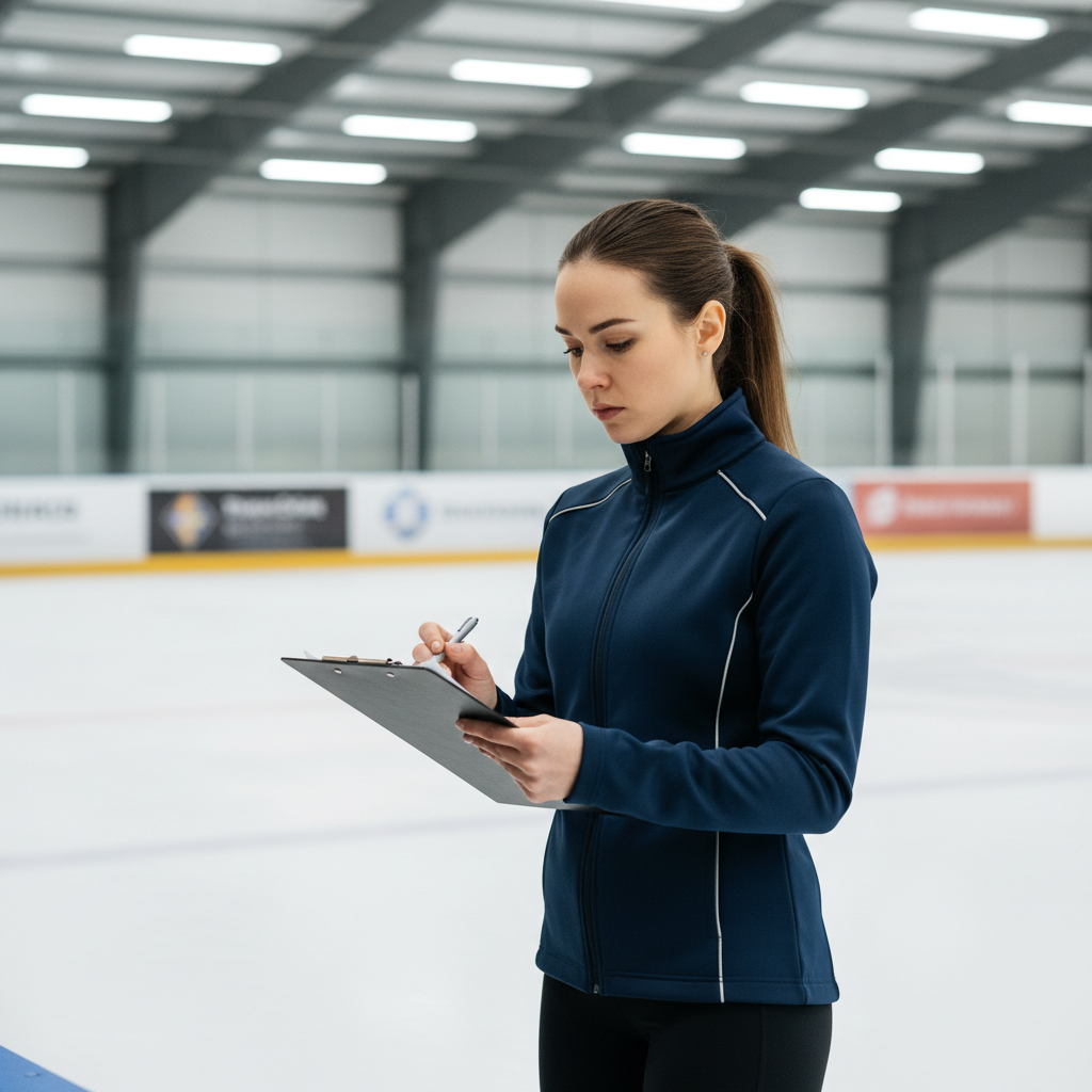 Female figure skating coach in athletic wear standing at rink boards with clipboard, professional and focused
