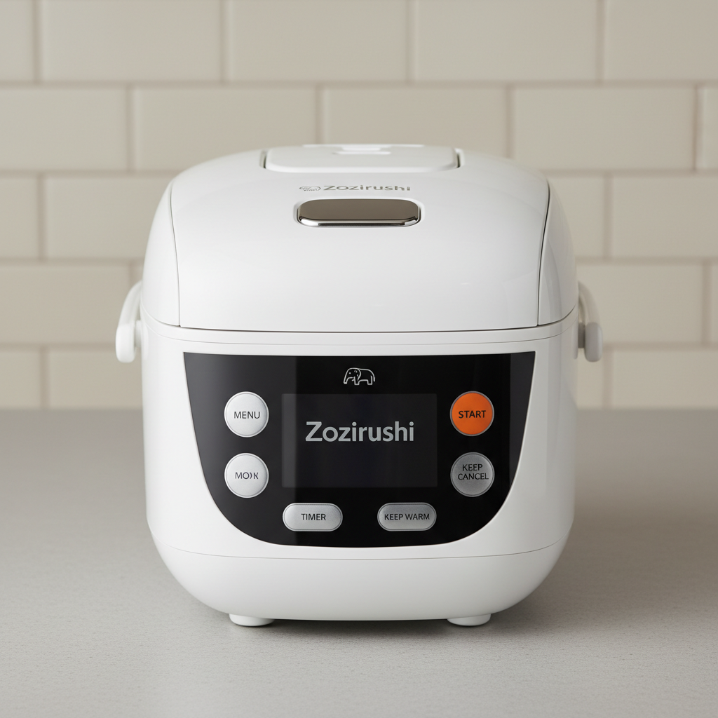 Modern white rice cooker on kitchen counter, clean minimal background