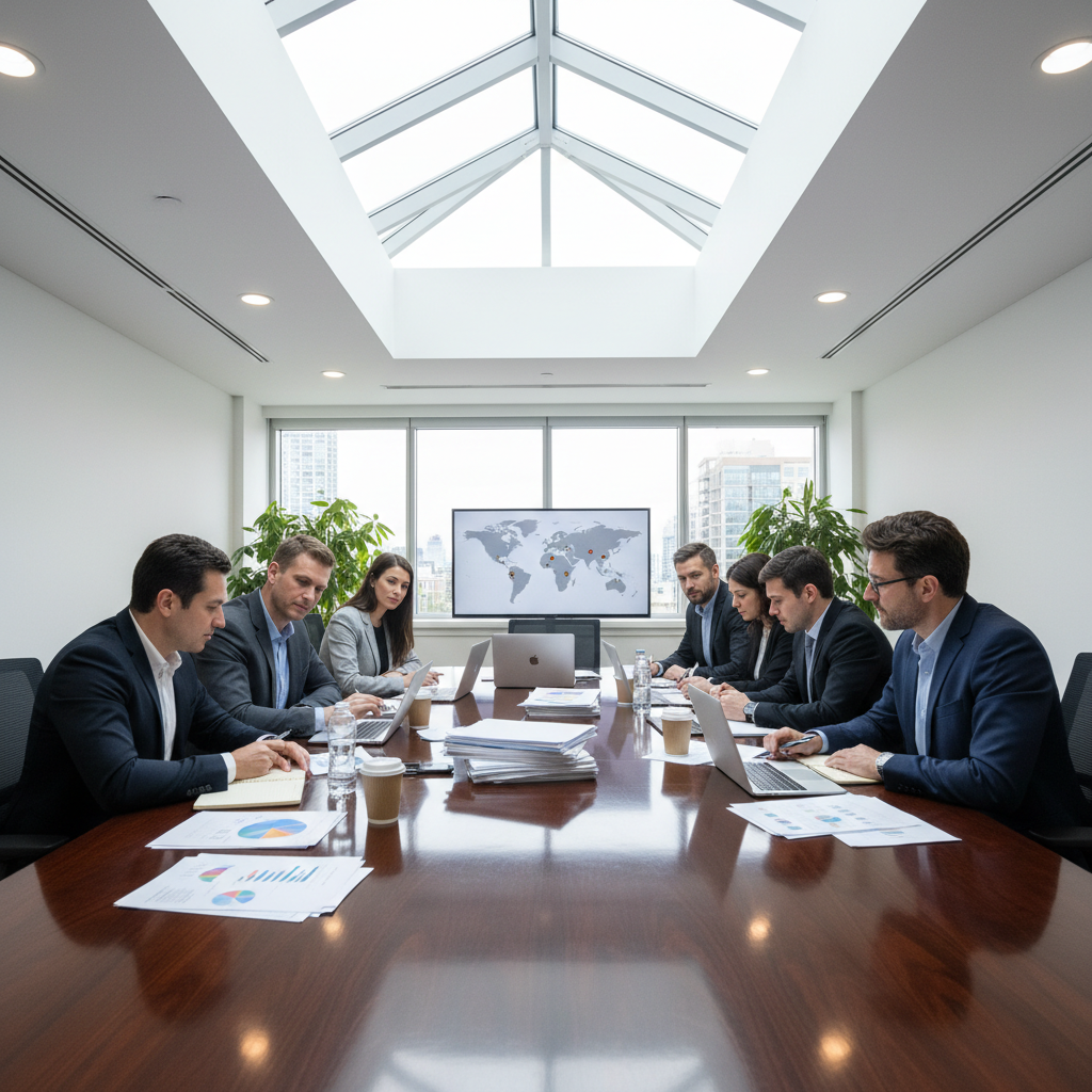 Professional team meeting around a conference table reviewing relocation documents