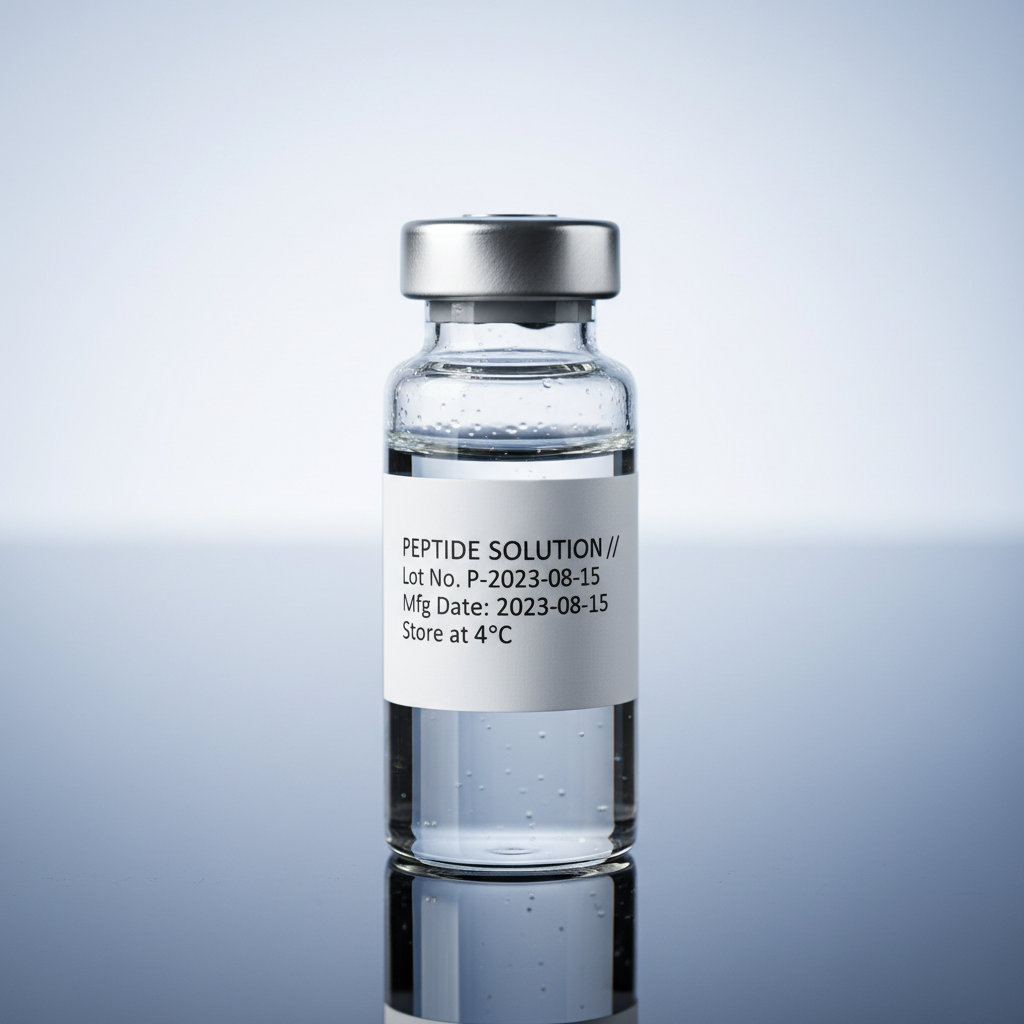 Protein compound in glass vial under bright white laboratory lighting, clinical environment
