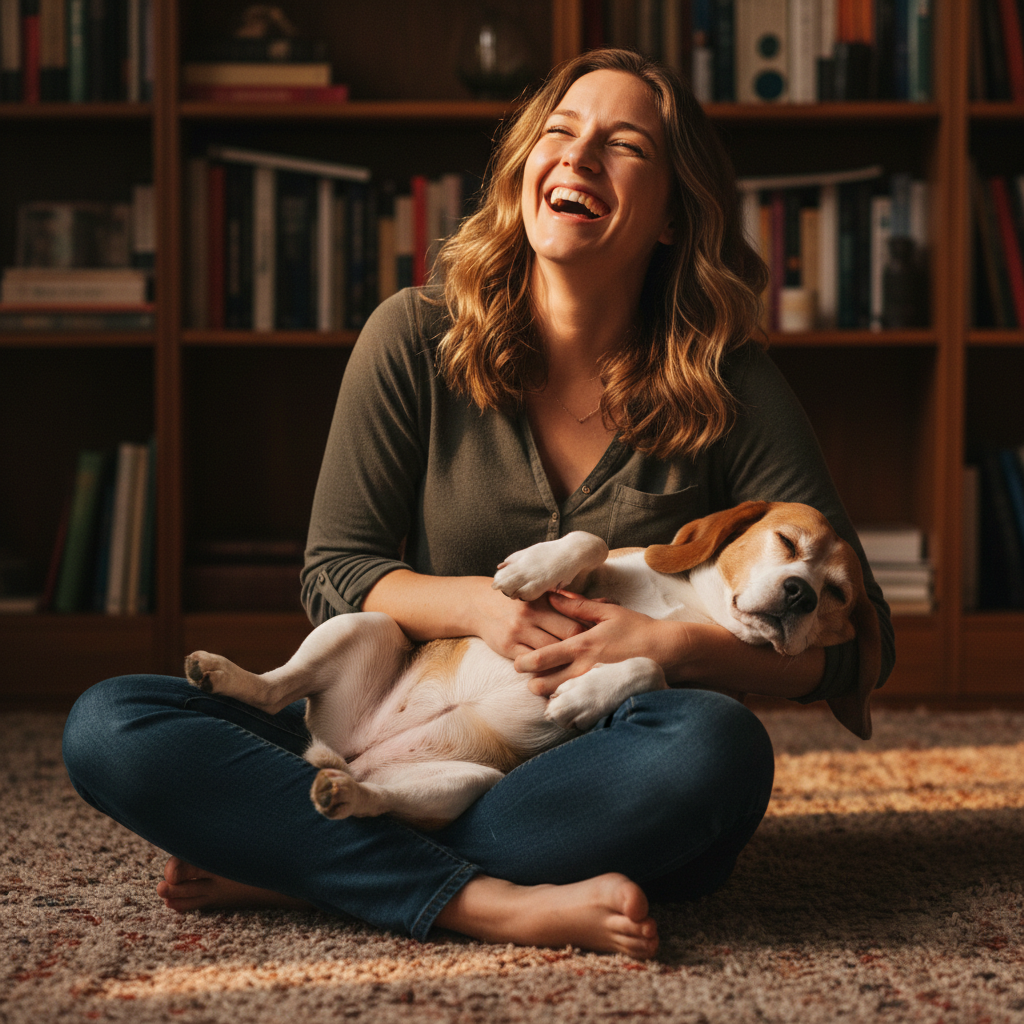 Woman cross-legged on rug laughing with a beagle belly-up in her lap, warm amber light, bookshelves softly blurred behind her